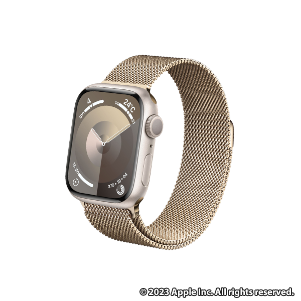 Apple Watch Series 9 (GPSモデル) - 41mmスターライトアルミニウムケースとゴールドミラネーゼループ