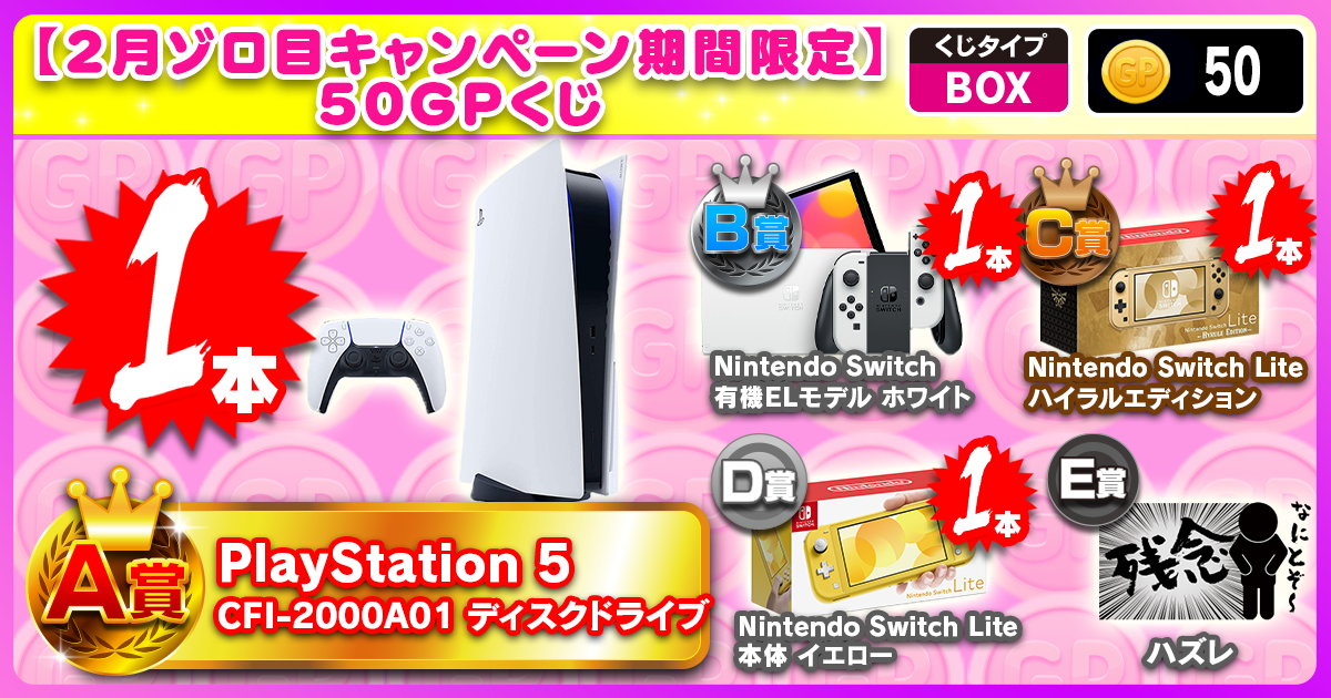 【2月ゾロ目キャンペーン期間限定】50GPくじ